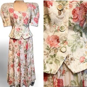 vintage • 80s Statement‎ puff sleeve 2 piece dress skirt bodice cottage roses